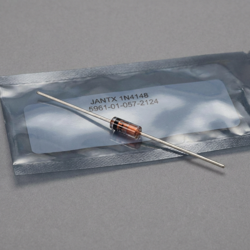Diode on a clear plastic card with 'JANTX 1N4148' label on a gray background