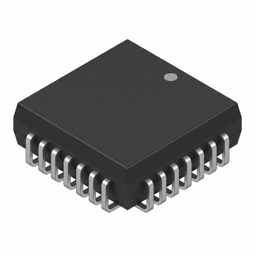A black square electronic integrated circuit chip with multiple silver metal leads, shown on a plain white background.
