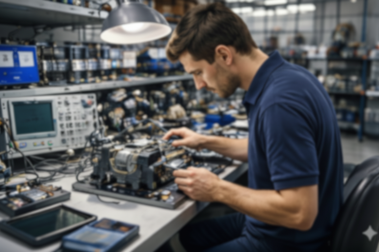 Man working on electronic components in a workshop setting