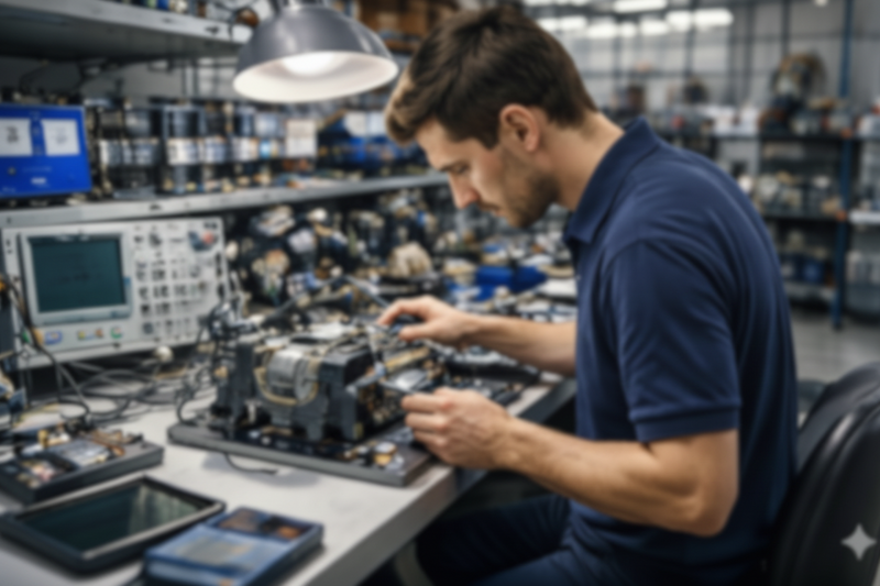 Man working on electronic components in a workshop setting