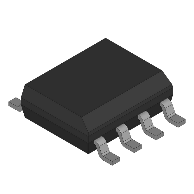 Black electronic component with six leads on a white background